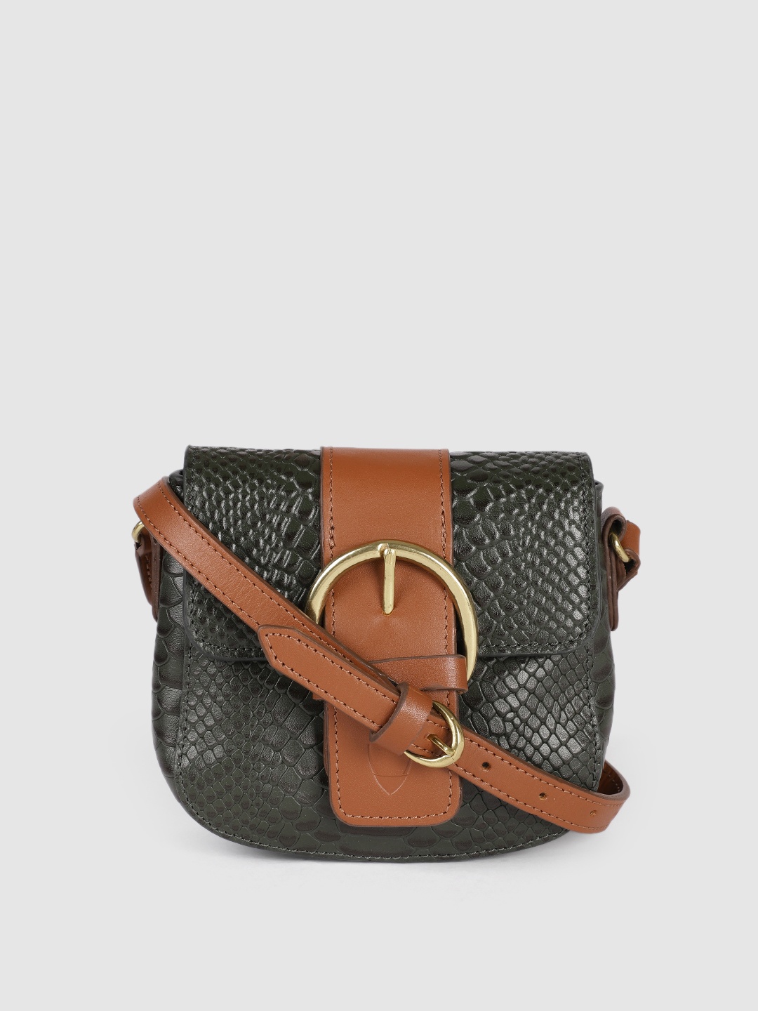 

Hidesign Olive Green Animal Textured Leather Structured Sling Bag