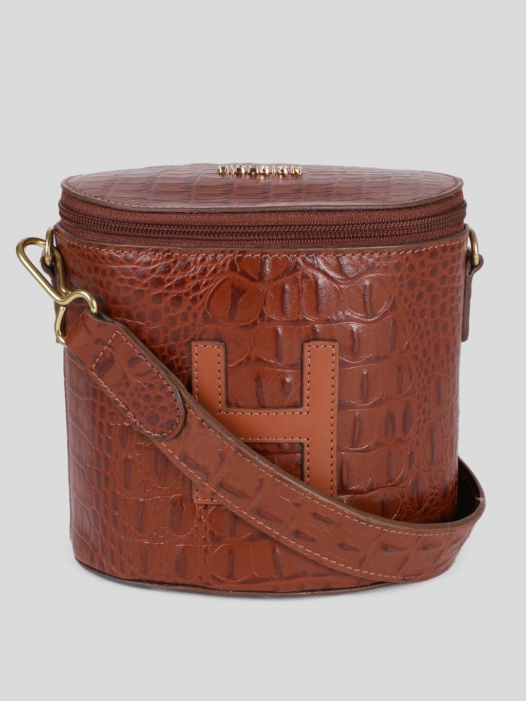 

Hidesign Tan Animal Textured Leather Bucket Sling Bag