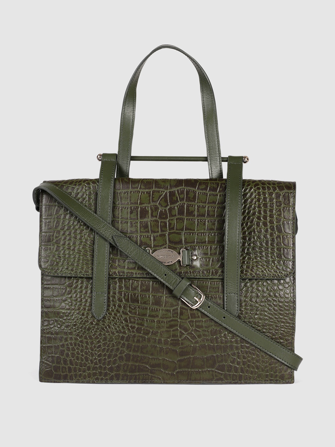 

Hidesign Olive Green Animal Textured Leather Structured Handheld Bag