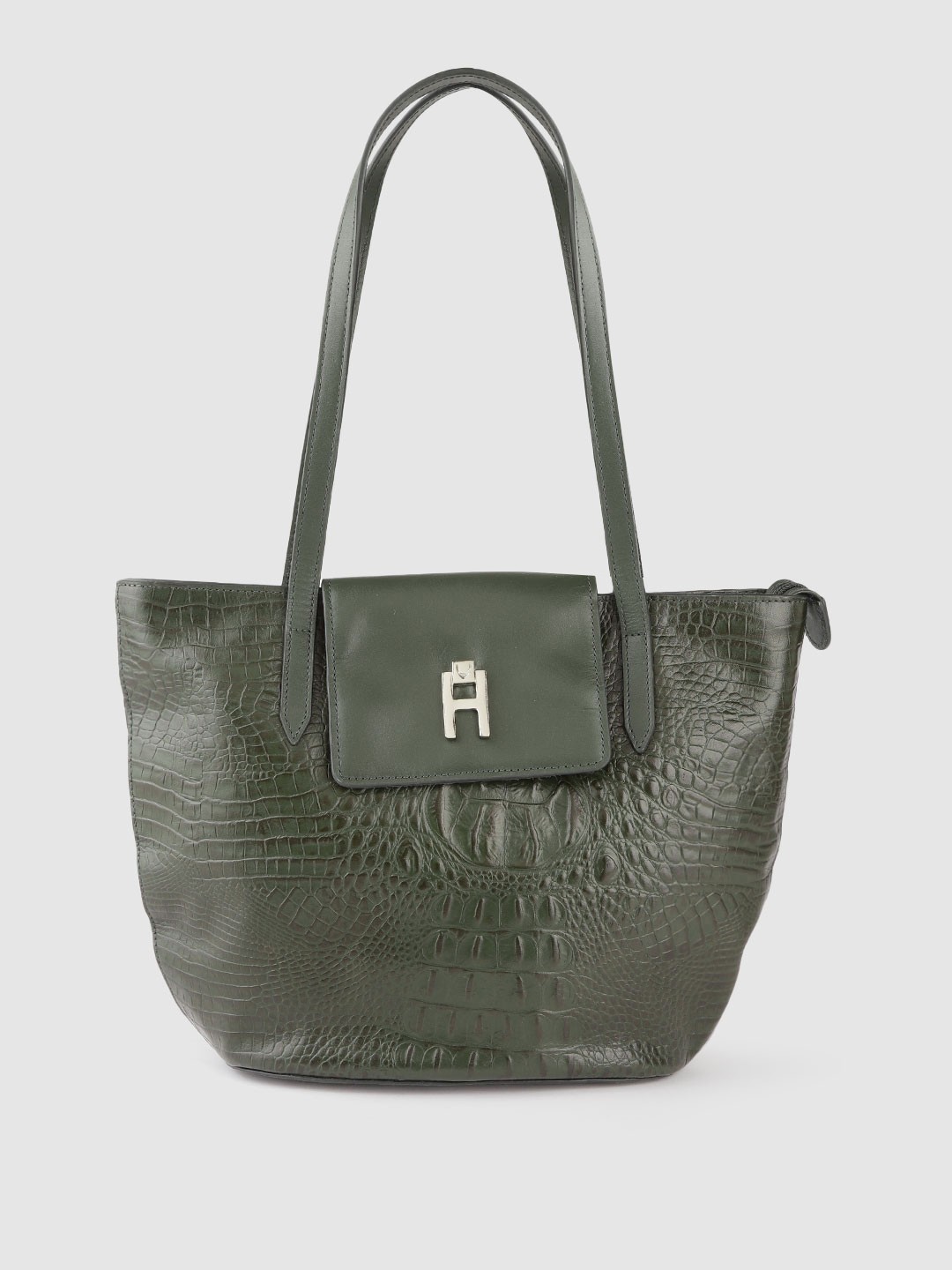 

Hidesign Olive Green Croc Textured Leather Structured Shoulder Bag