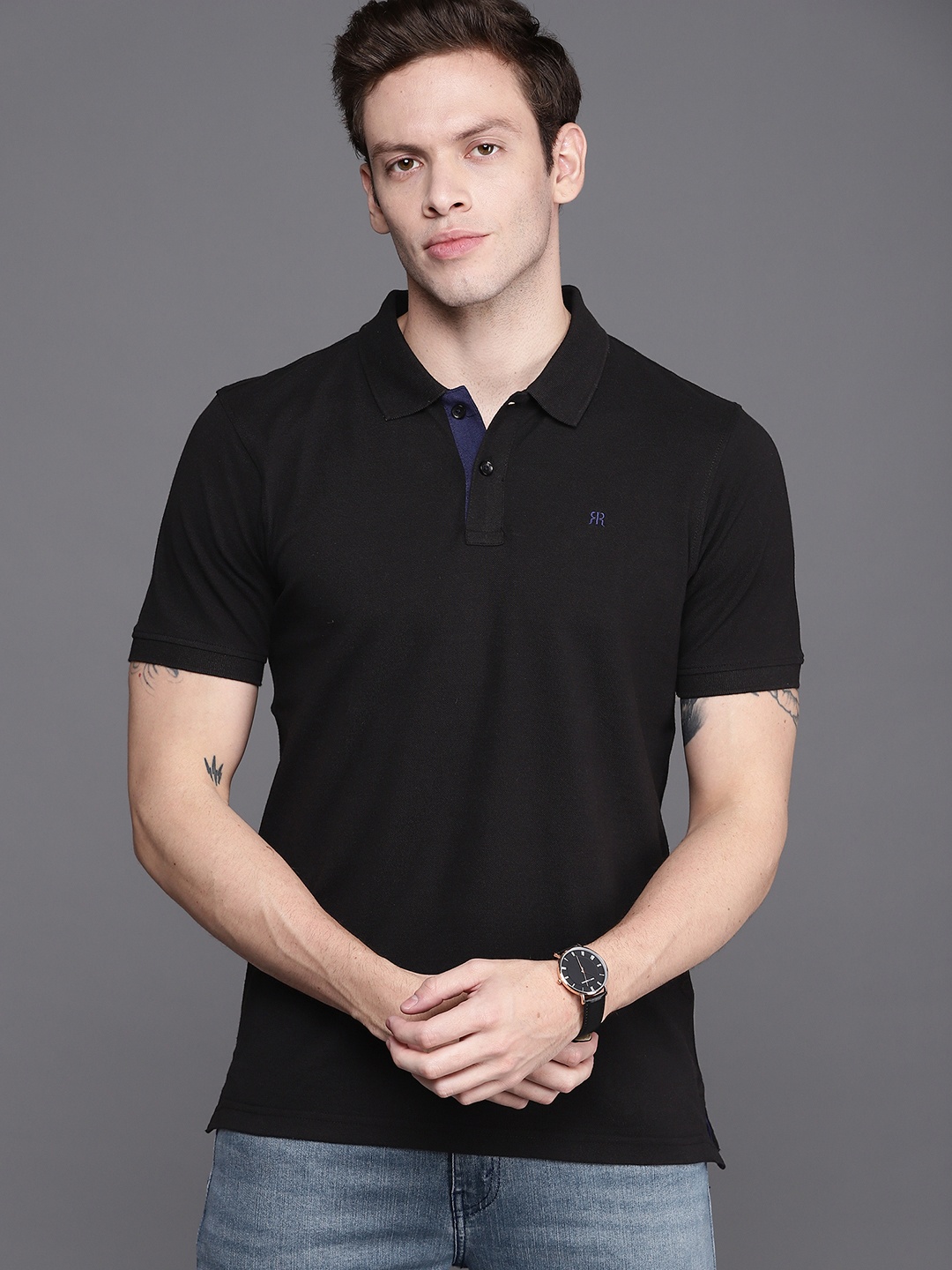 

Raymond Men Black Polo Collar Pure Cotton T-shirt
