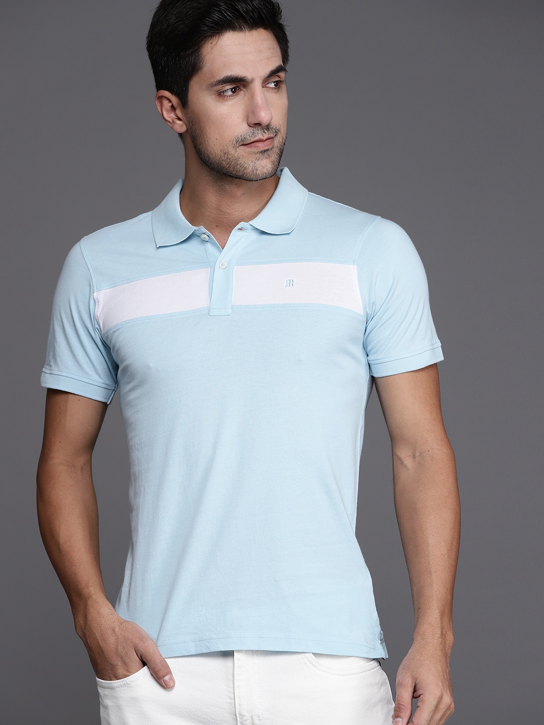 

Raymond Men Blue & White Striped Polo Collar Pure Cotton T-shirt