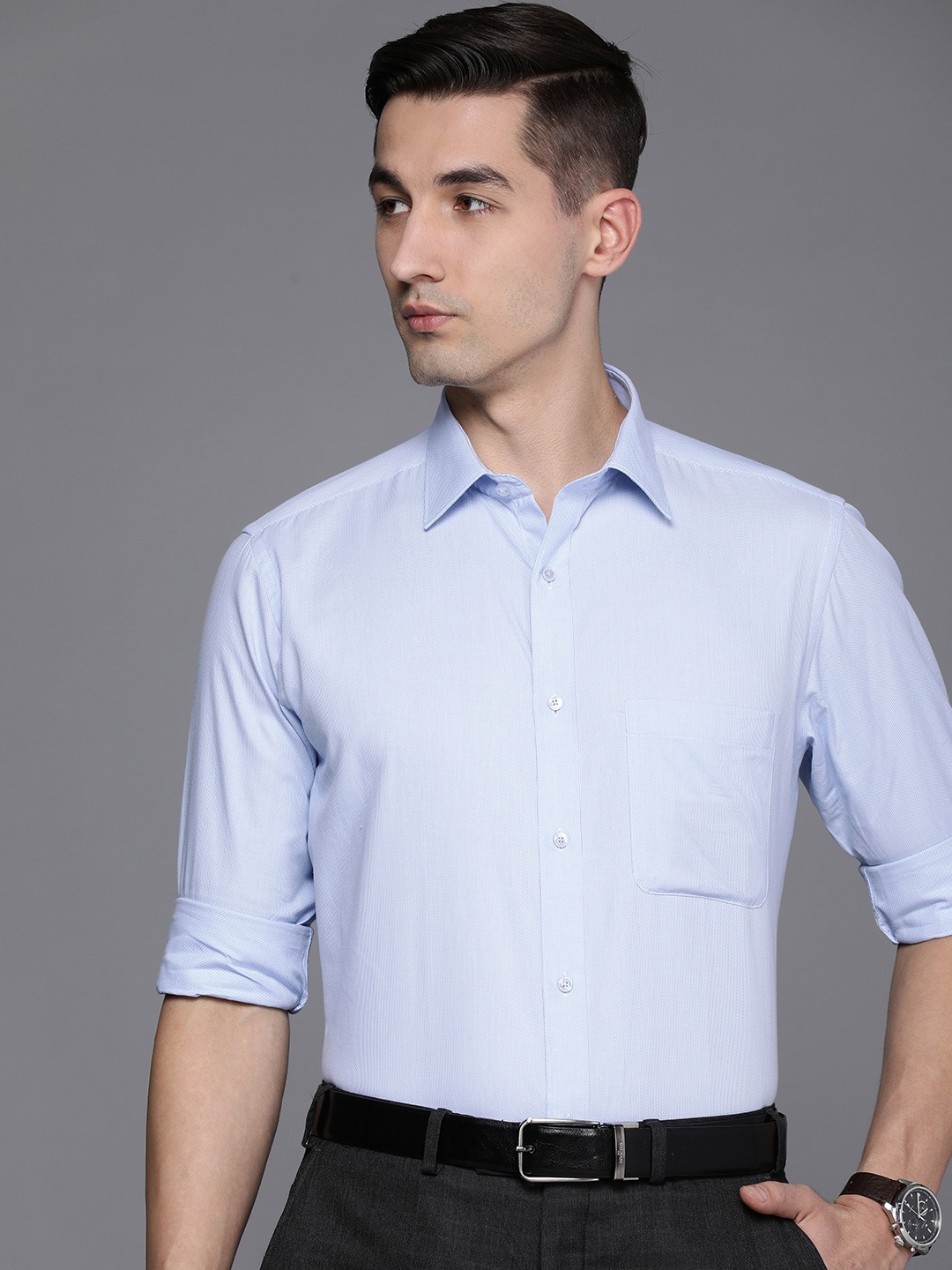 

Raymond Men Blue Self Designed Slim Fit Pure Cotton Formal Shirt