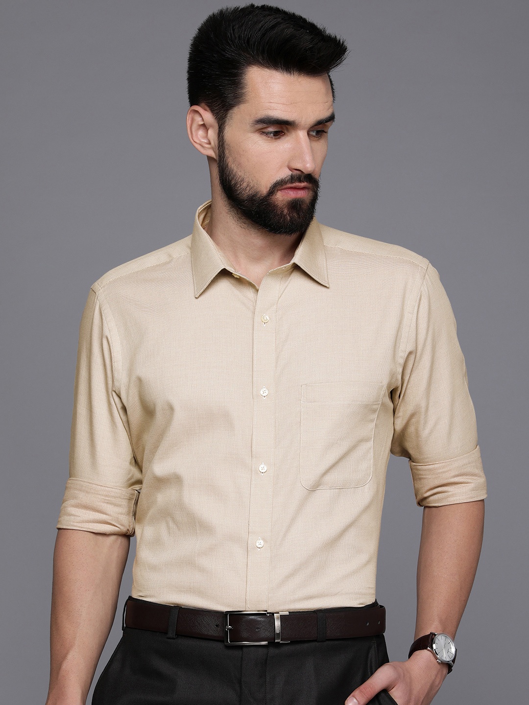 

Raymond Men Beige Slim Fit Checked Pure Cotton Formal Shirt