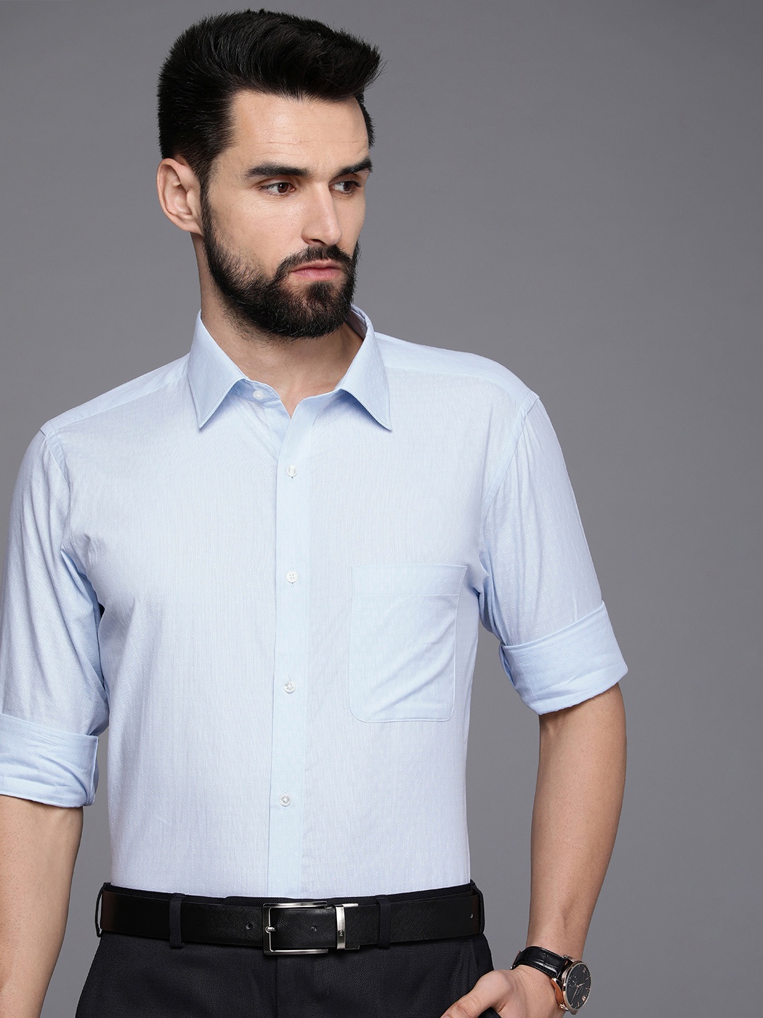 

Raymond Men Light Blue Slim Fit Printed Pure Cotton Formal Shirt