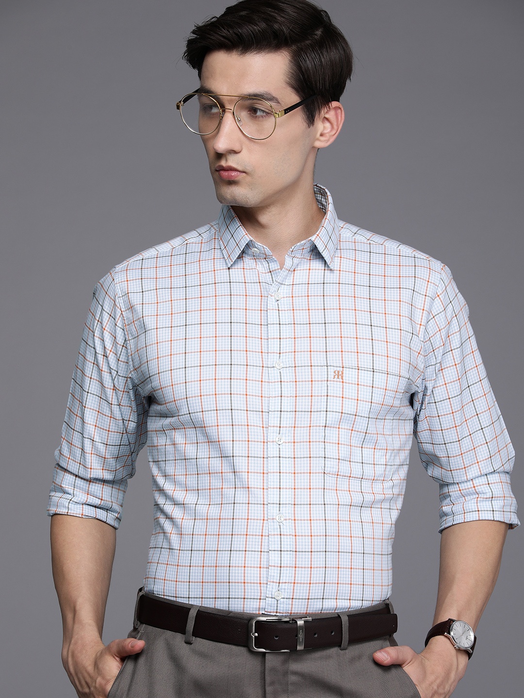 

Raymond Men Blue & Orange Slim Fit Checked Pure Cotton Formal Shirt
