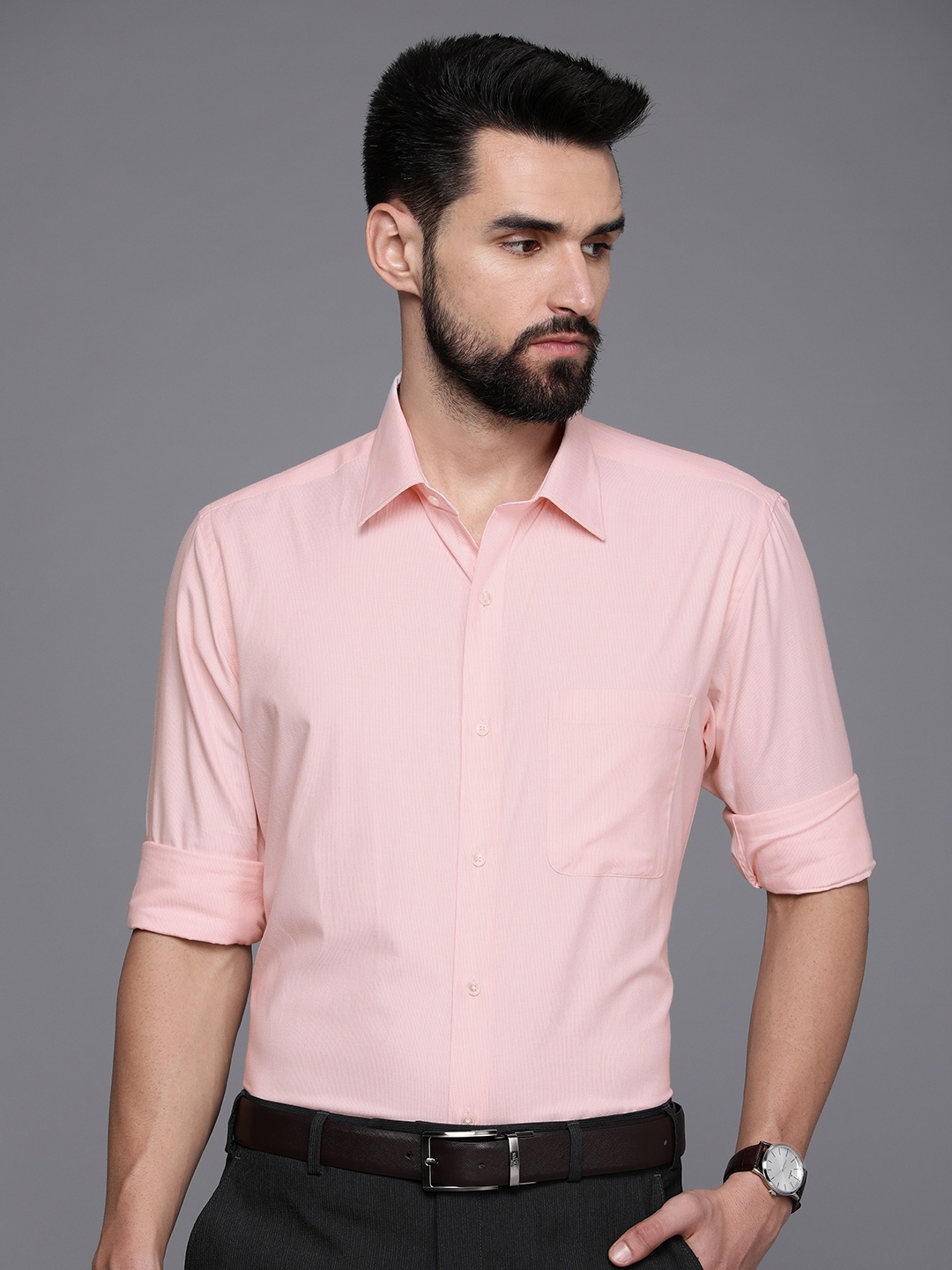 

Raymond Men Peach-Coloured Textured Slim Fit Pure Cotton Formal Shirt