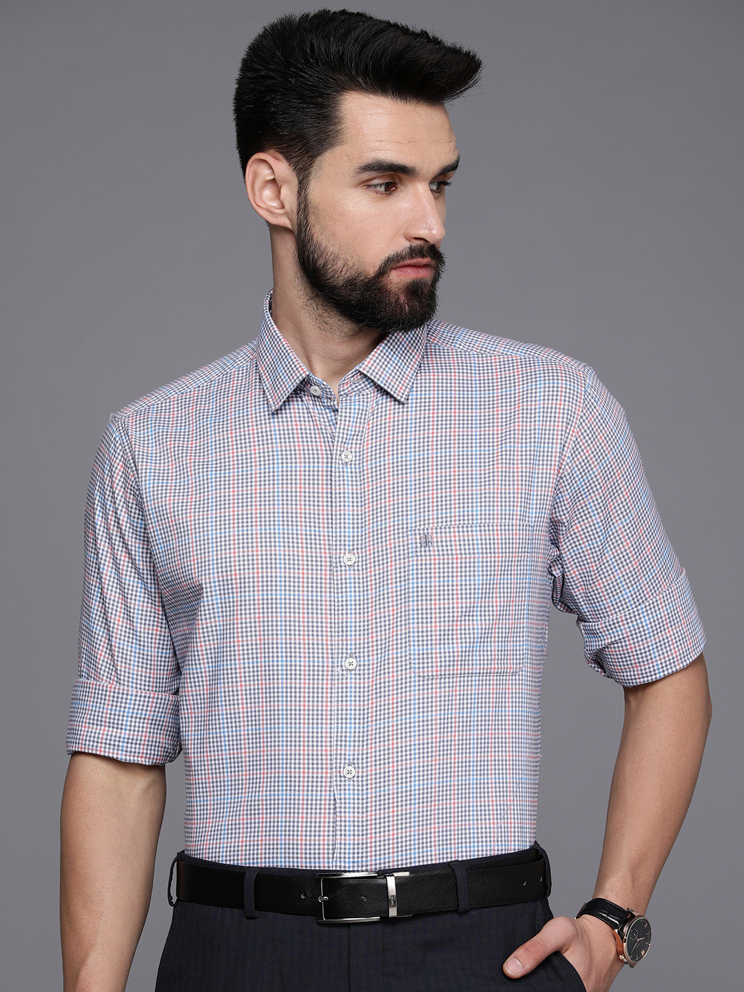 

Raymond Men Grey & Blue Slim Fit Checked Pure Cotton Formal Shirt