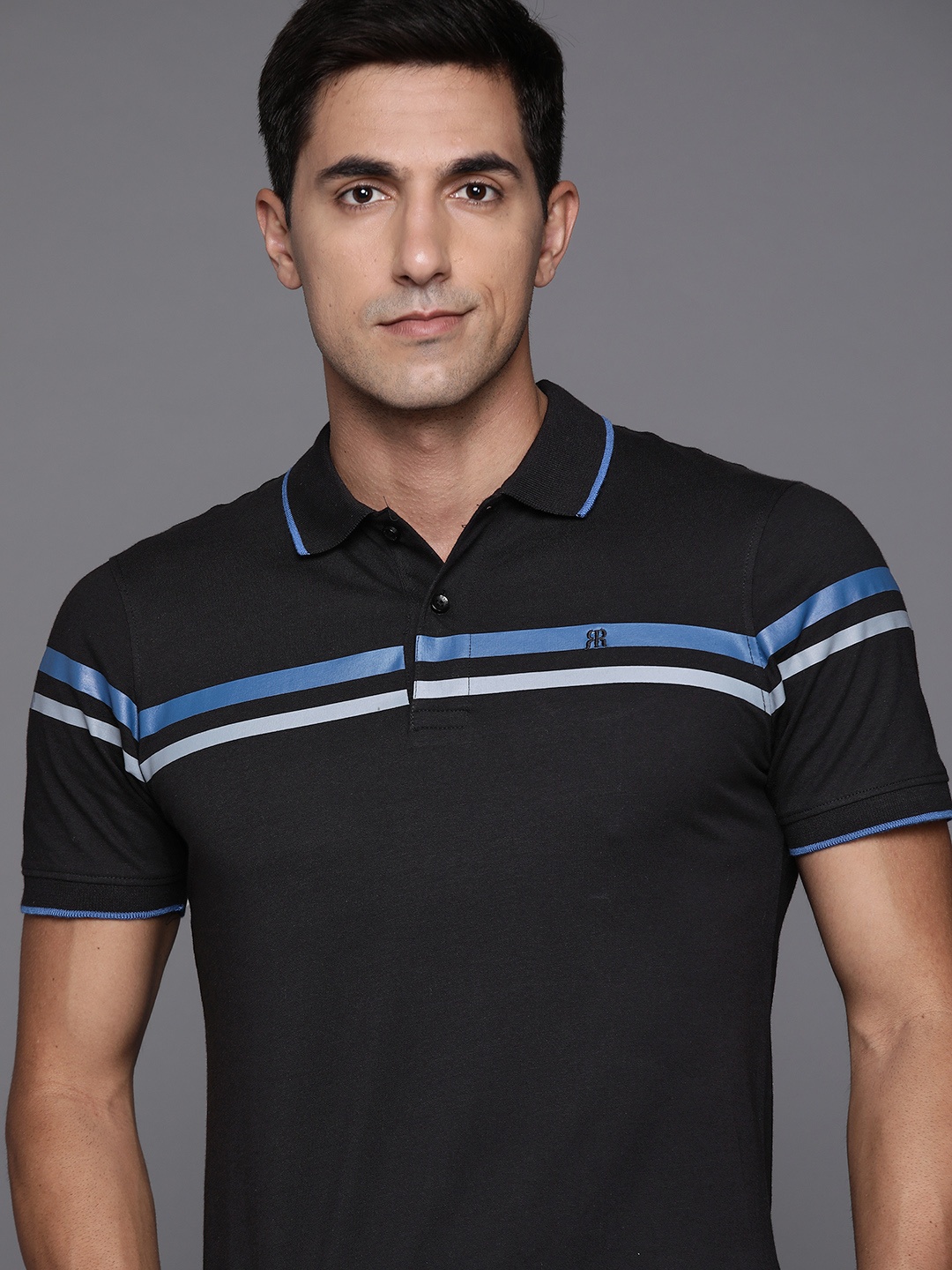 

Raymond Men Black & Blue Pure Cotton Striped Polo Collar T-shirt