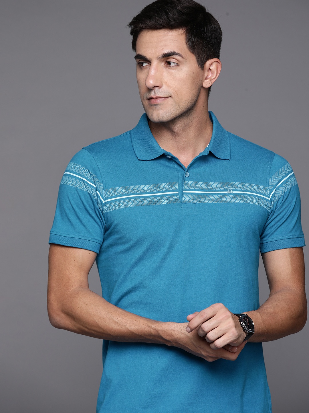 

Raymond Men Blue & White Pure Cotton Striped Collar T-shirt