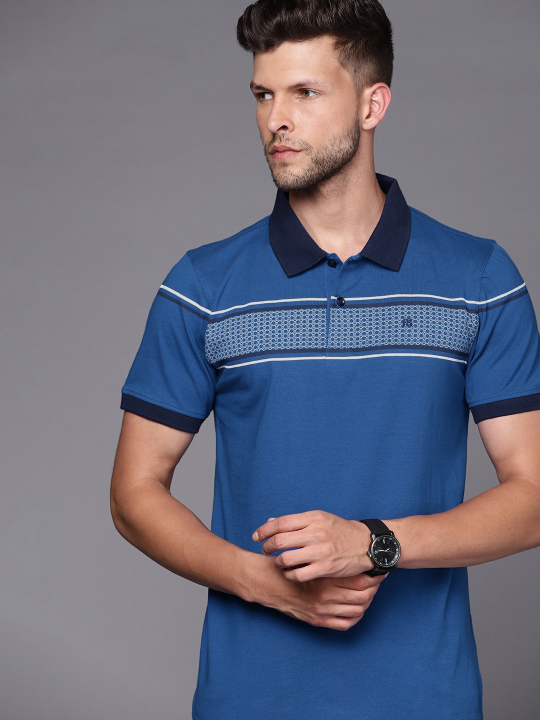 

Raymond Men Blue Pure Cotton Geometric Printed Polo Collar T-shirt