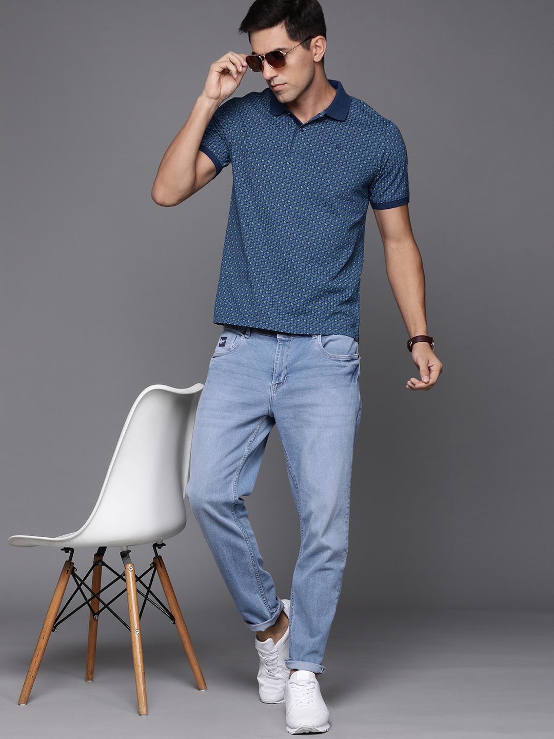 Raymond Men Blue & Green Pure Cotton Printed Polo Collar T-shirt