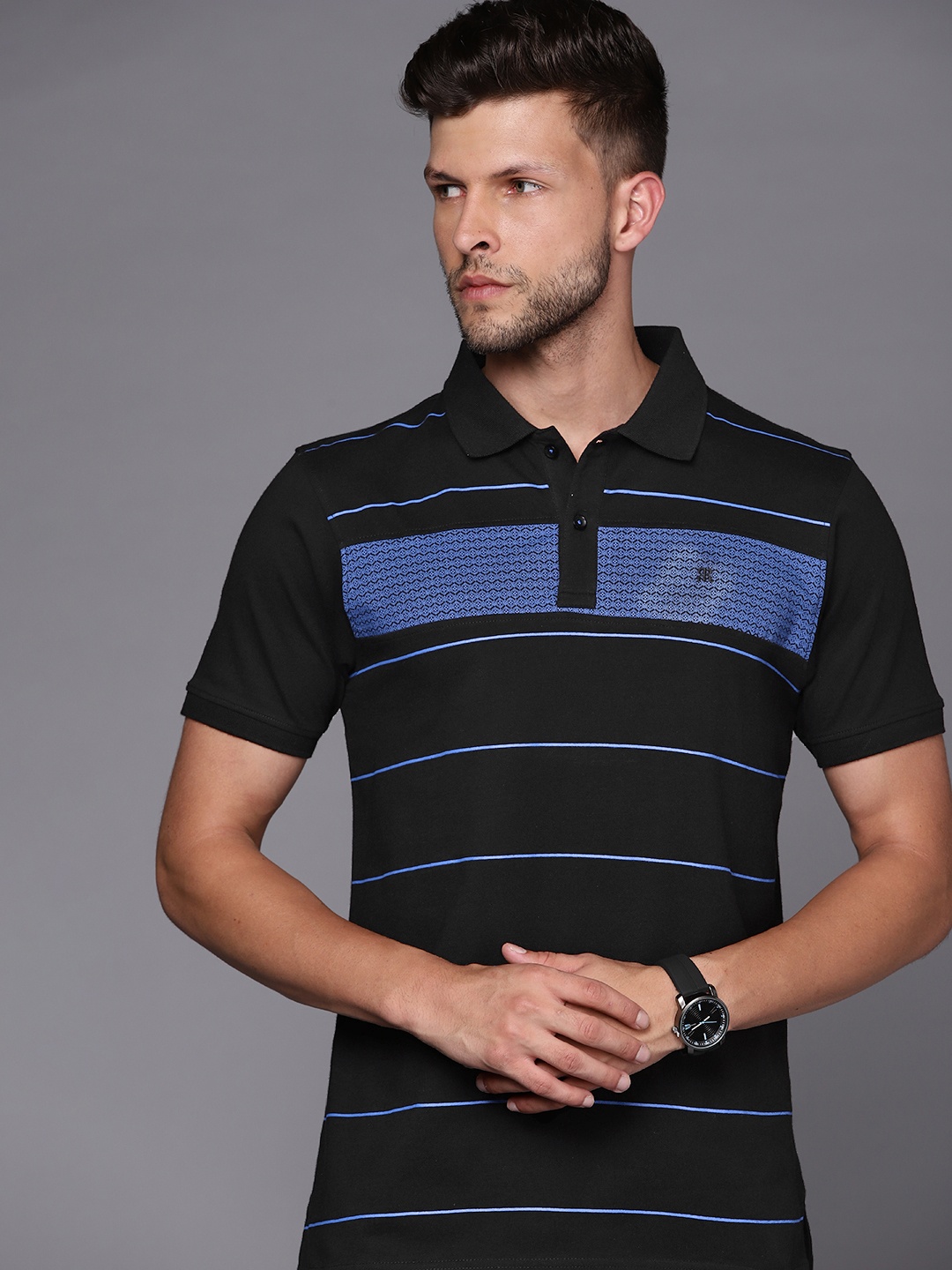 

Raymond Men Black & Blue Pure Cotton Striped Polo Collar T-shirt