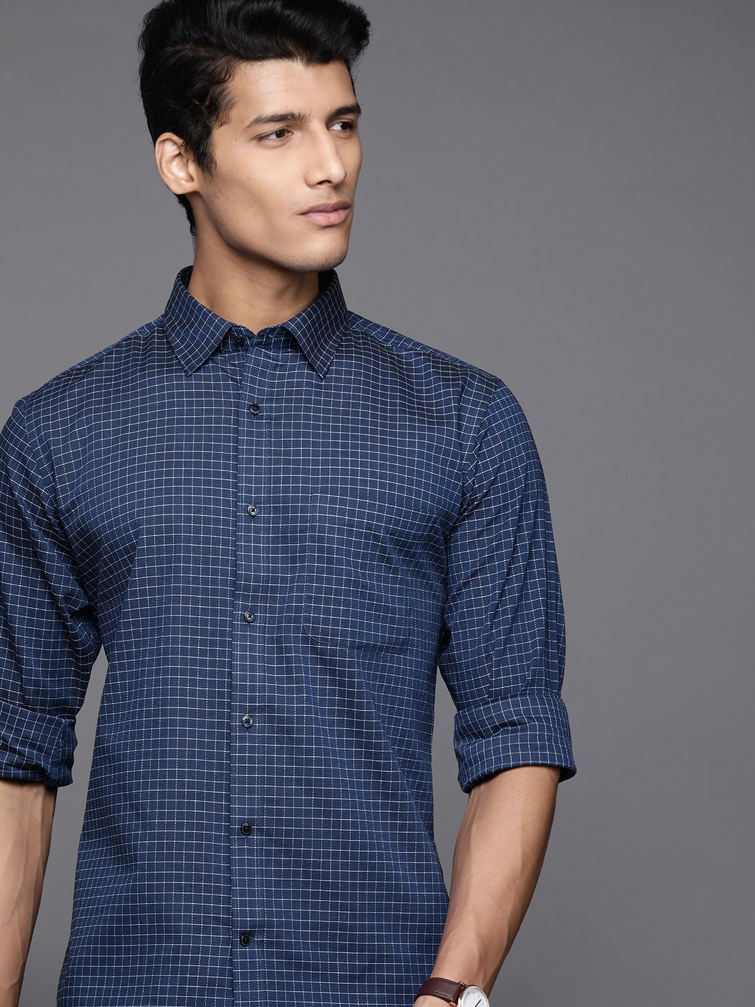

Raymond Men Navy Blue Slim Fit Pure Cotton Checked Casual Shirt