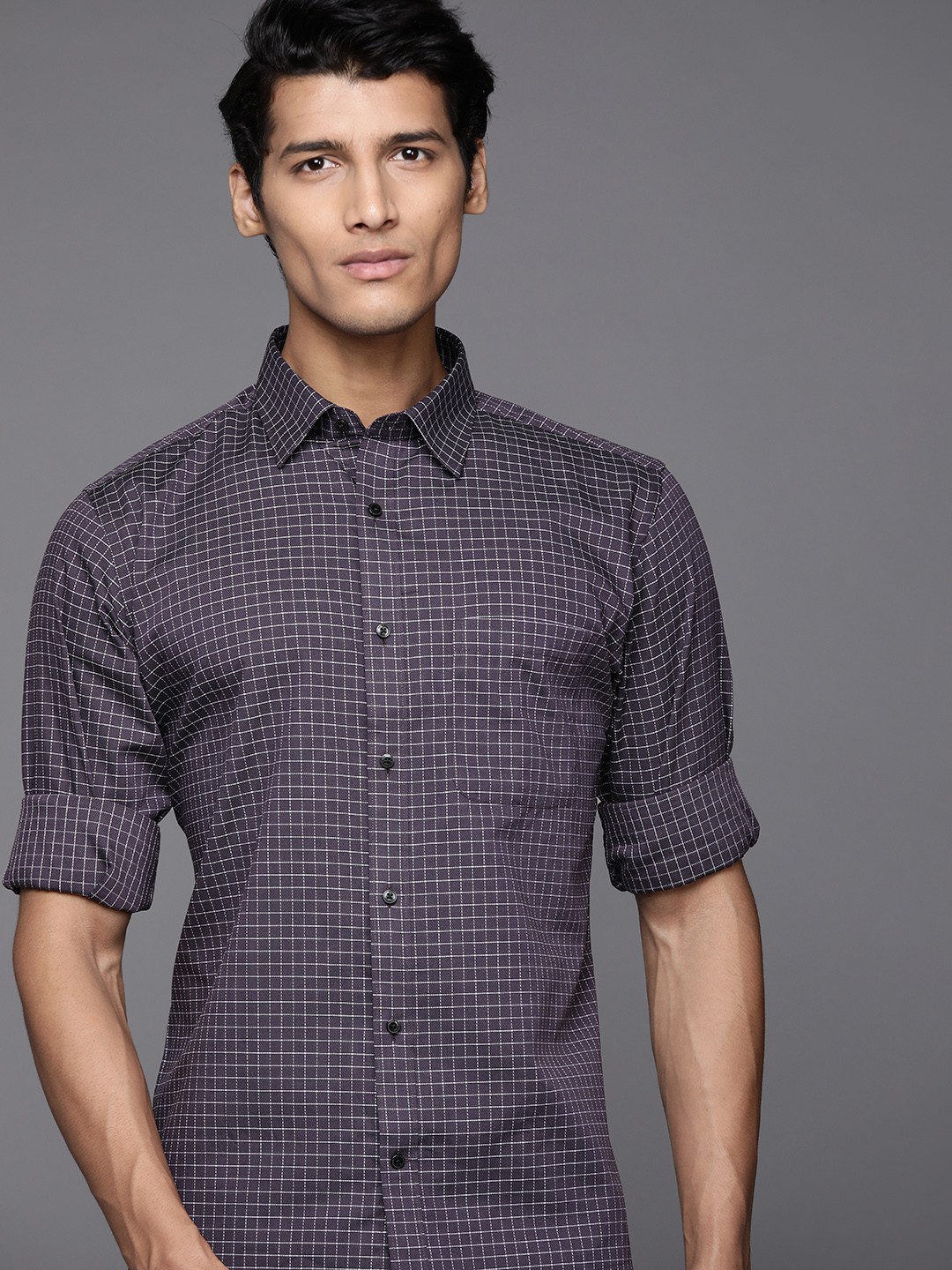 

Raymond Men Charcoal Grey Slim Fit Pure Cotton Checked Casual Shirt