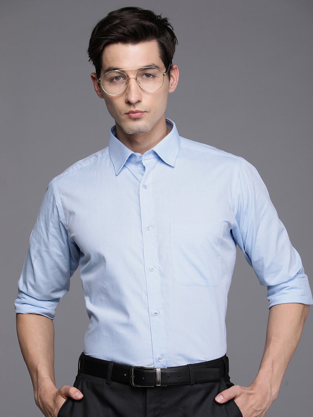 

Raymond Men Light Blue Slim Fit Micro Checked Pure Cotton Formal Shirt