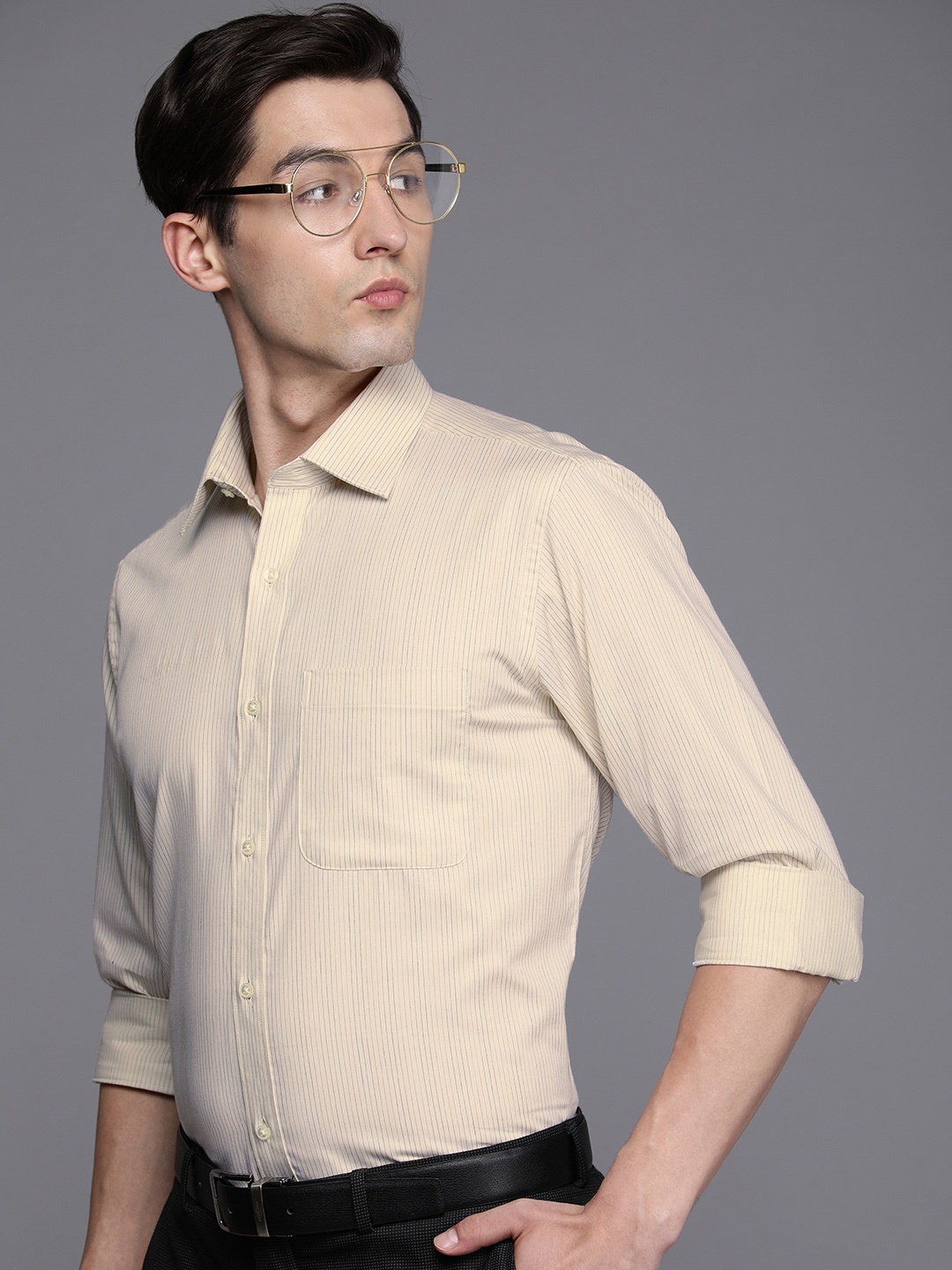 

Raymond Men Beige & Black Slim Fit Striped Pure Cotton Formal Shirt
