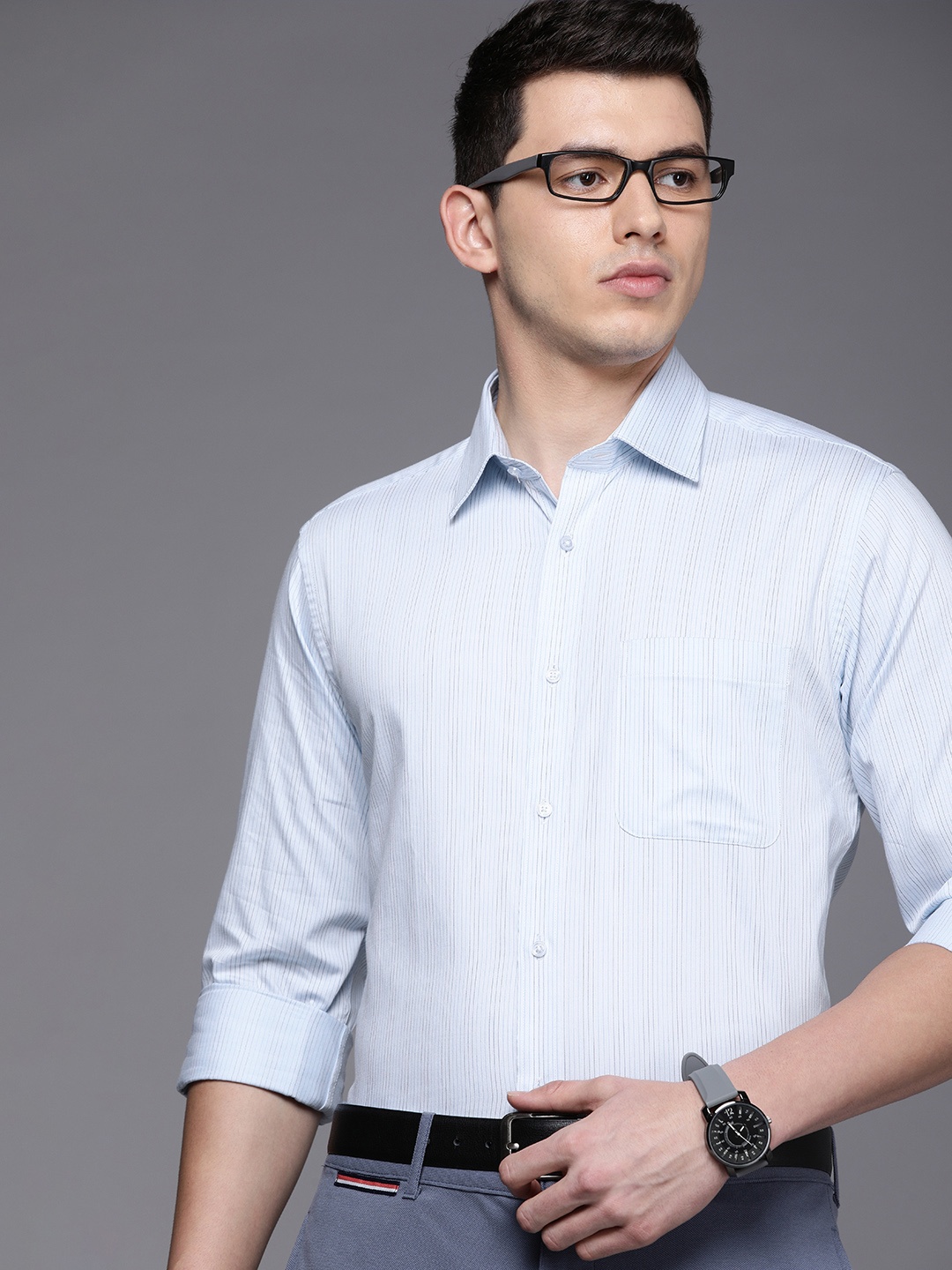 

Raymond Men Blue & Black Slim Fit Striped Pure Cotton Formal Shirt