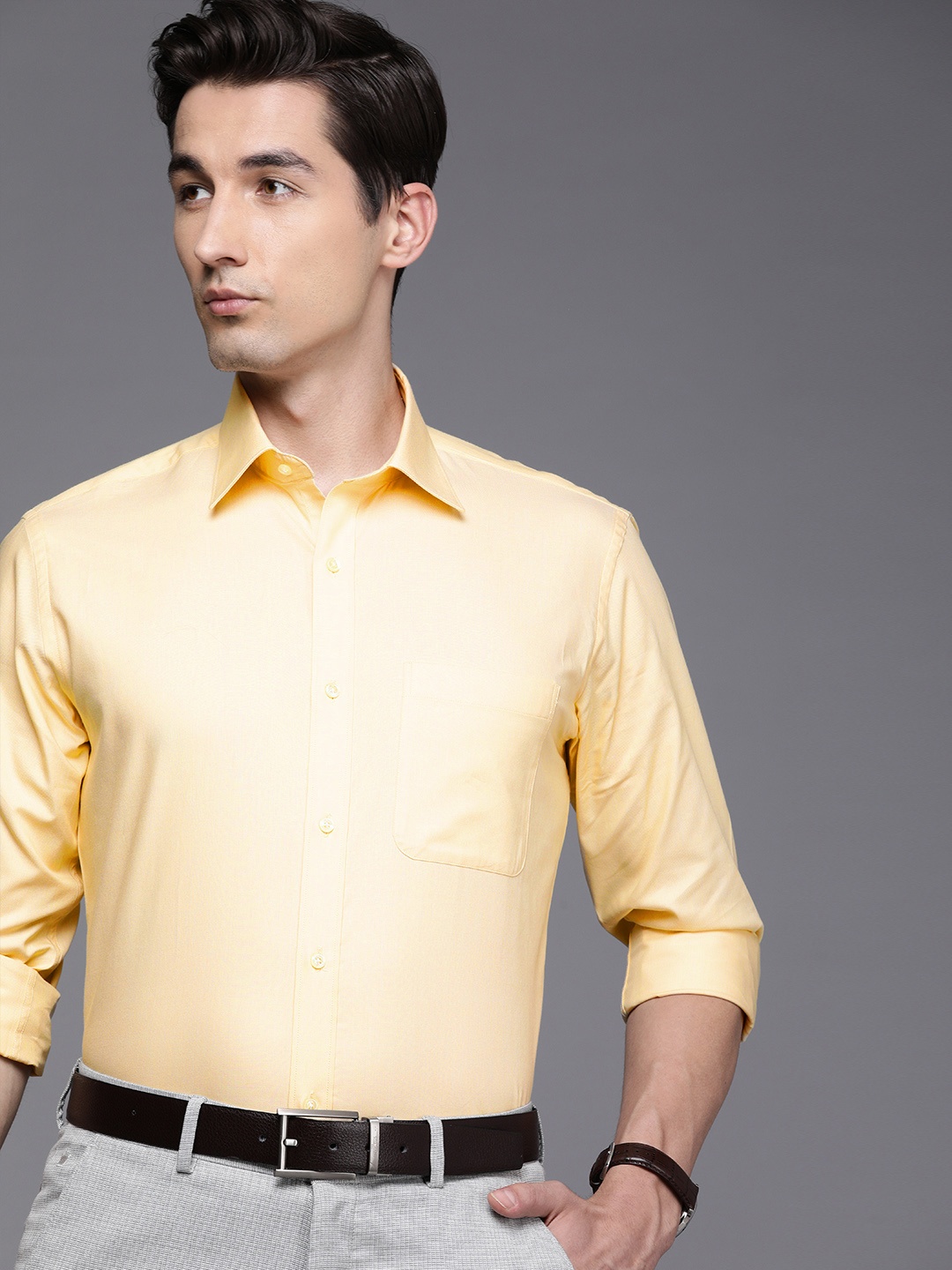 

Raymond Men Yellow Textured Pure Cotton Slim Fit Formal Shirt