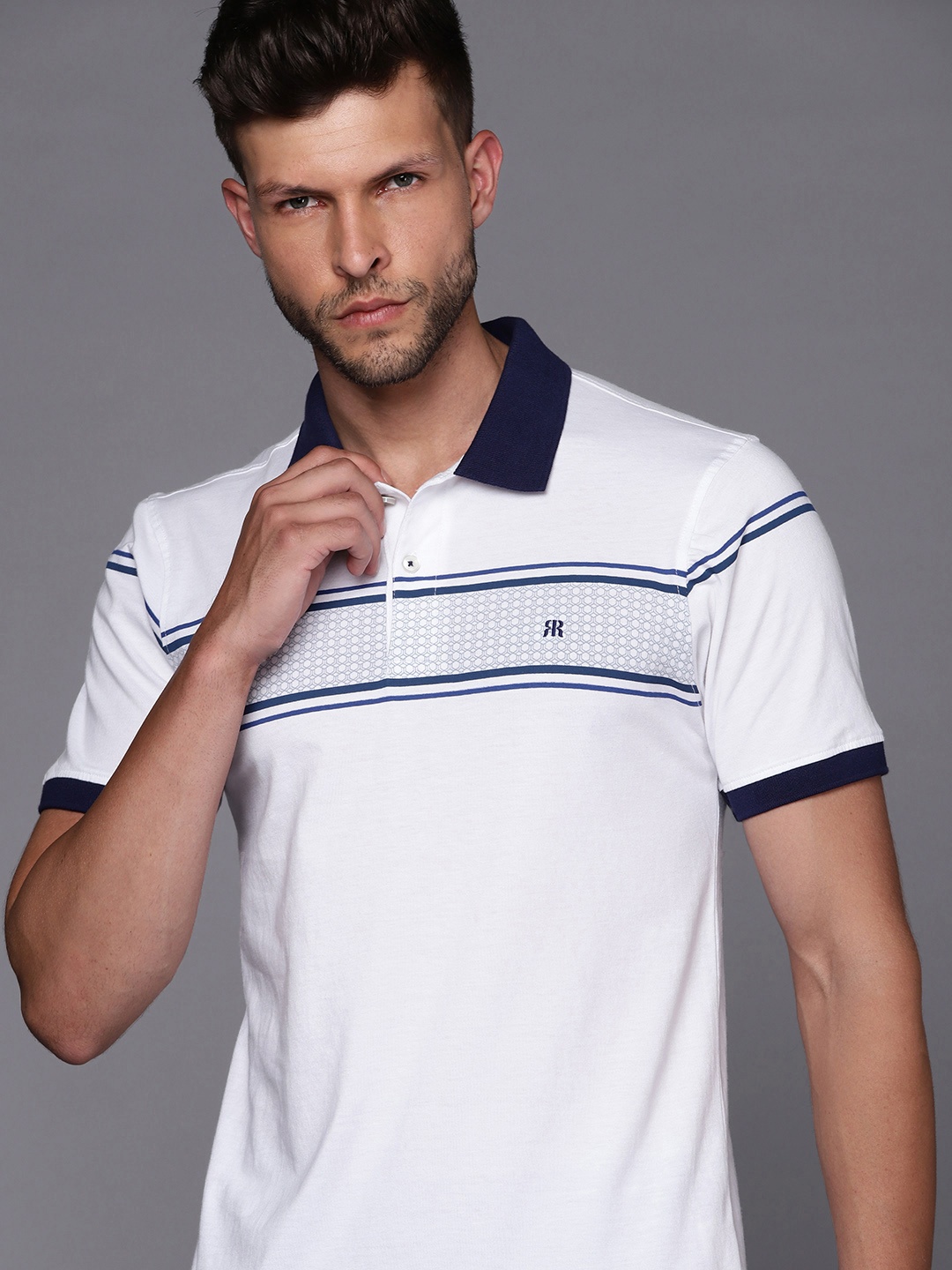 

Raymond Men White & Navy Blue Pure Cotton Geometric Printed Polo Collar T-shirt