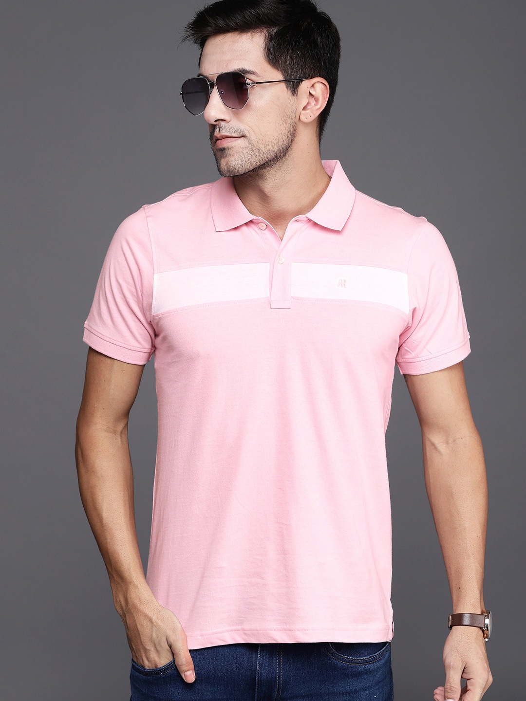 

Raymond Men Pink & White Striped Polo Collar Pure Cotton T-shirt