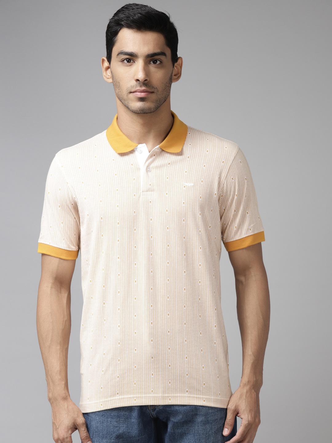 

Park Avenue Men Mustard Yellow & White Striped Polo Collar Slim Fit T-shirt