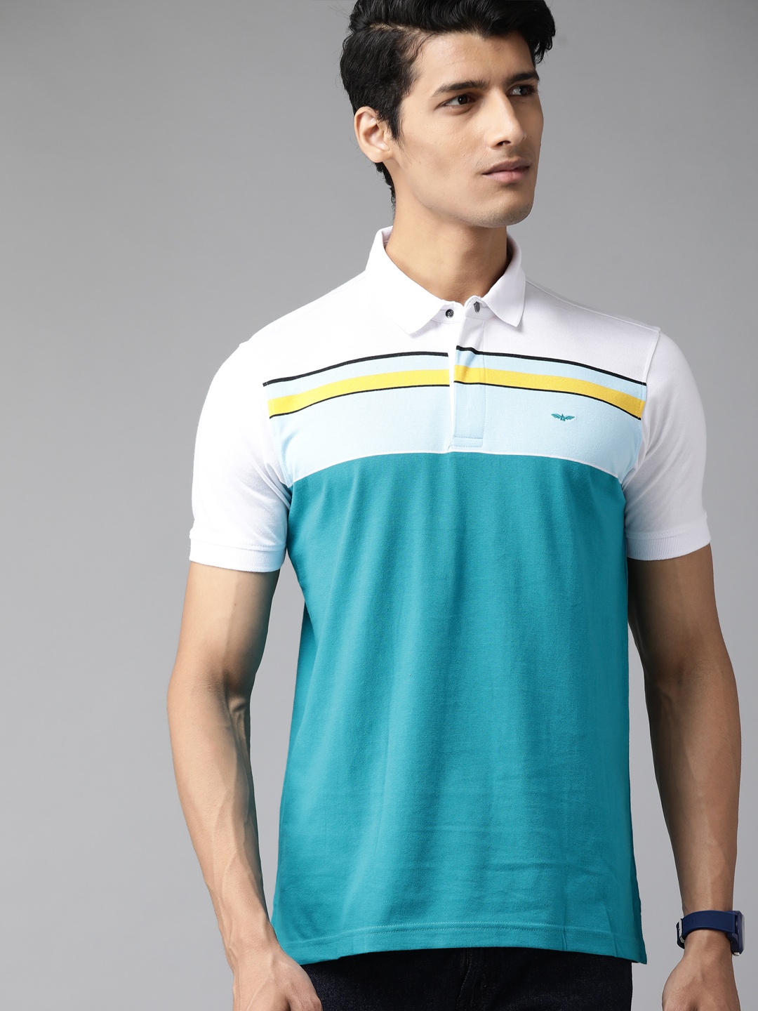 Park Avenue Men Green & White Striped Polo Collar Slim Fit T-shirt