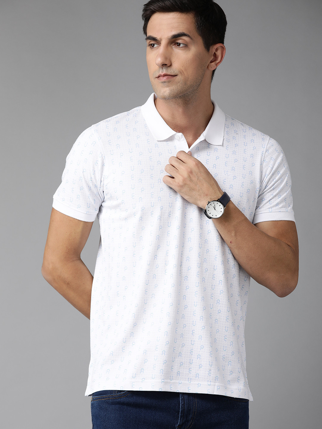 

Park Avenue Men White & Blue Typography Printed Polo Collar Slim Fit T-shirt