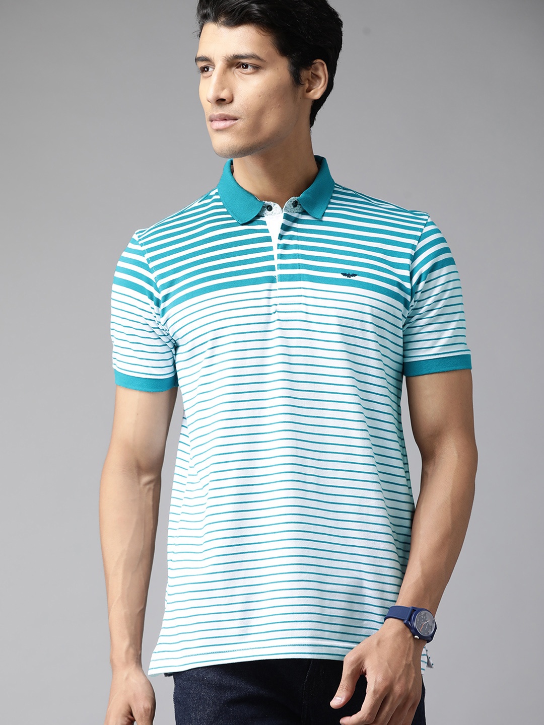 

Park Avenue Men White & Green Striped Polo Collar Slim Fit T-shirt