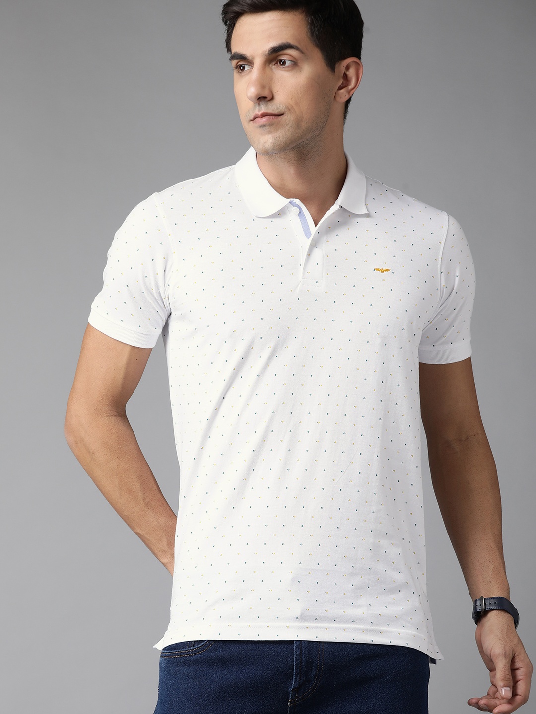 

Park Avenue Men White & Green Printed Polo Collar Slim Fit T-shirt