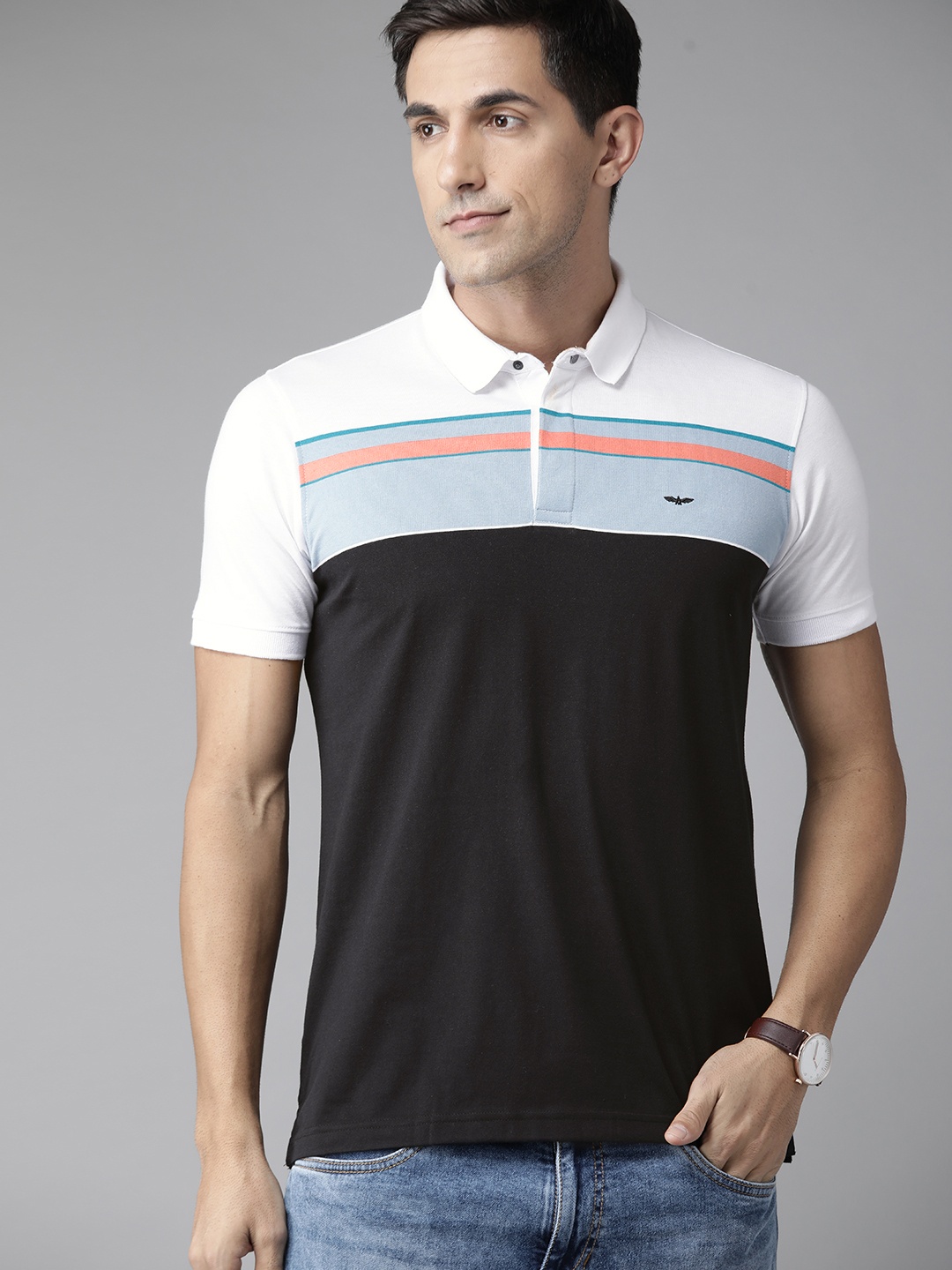 

Park Avenue Men Black & White Colourblocked Polo Collar Slim Fit T-shirt