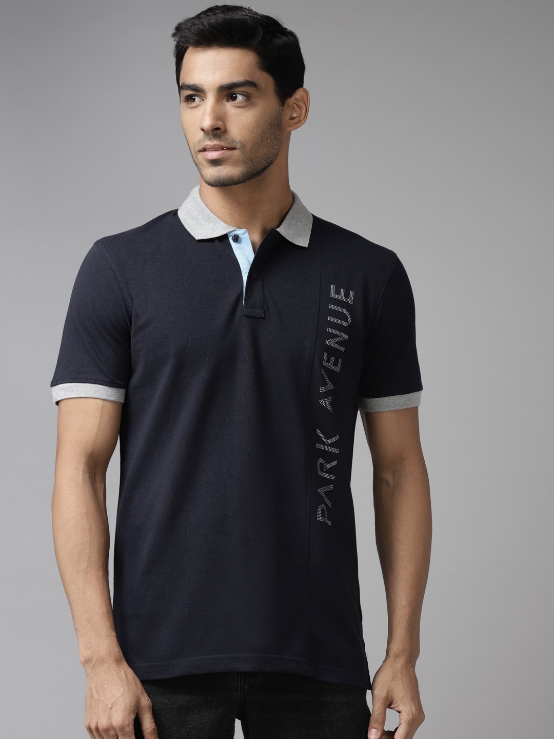 

Park Avenue Men Navy Blue Brand Logo Placement Print Polo Collar Slim Fit T-shirt