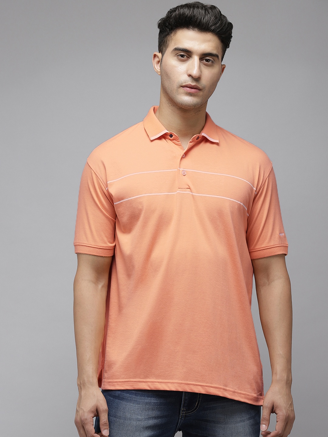 

Park Avenue Men Peach-Coloured Striped Polo Collar Slim Fit T-shirt