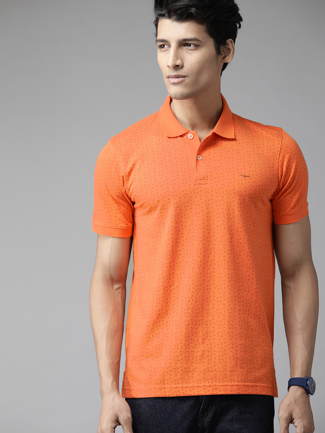 

Park Avenue Men Orange Printed Polo Collar Slim Fit T-shirt