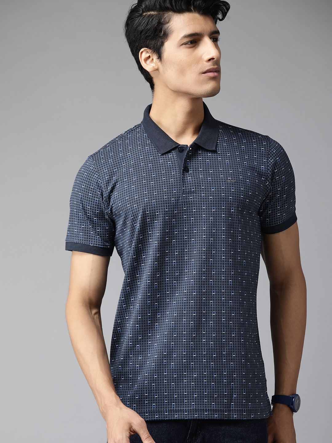 

Park Avenue Men Navy Blue & Grey Checked Polo Collar Slim Fit T-shirt