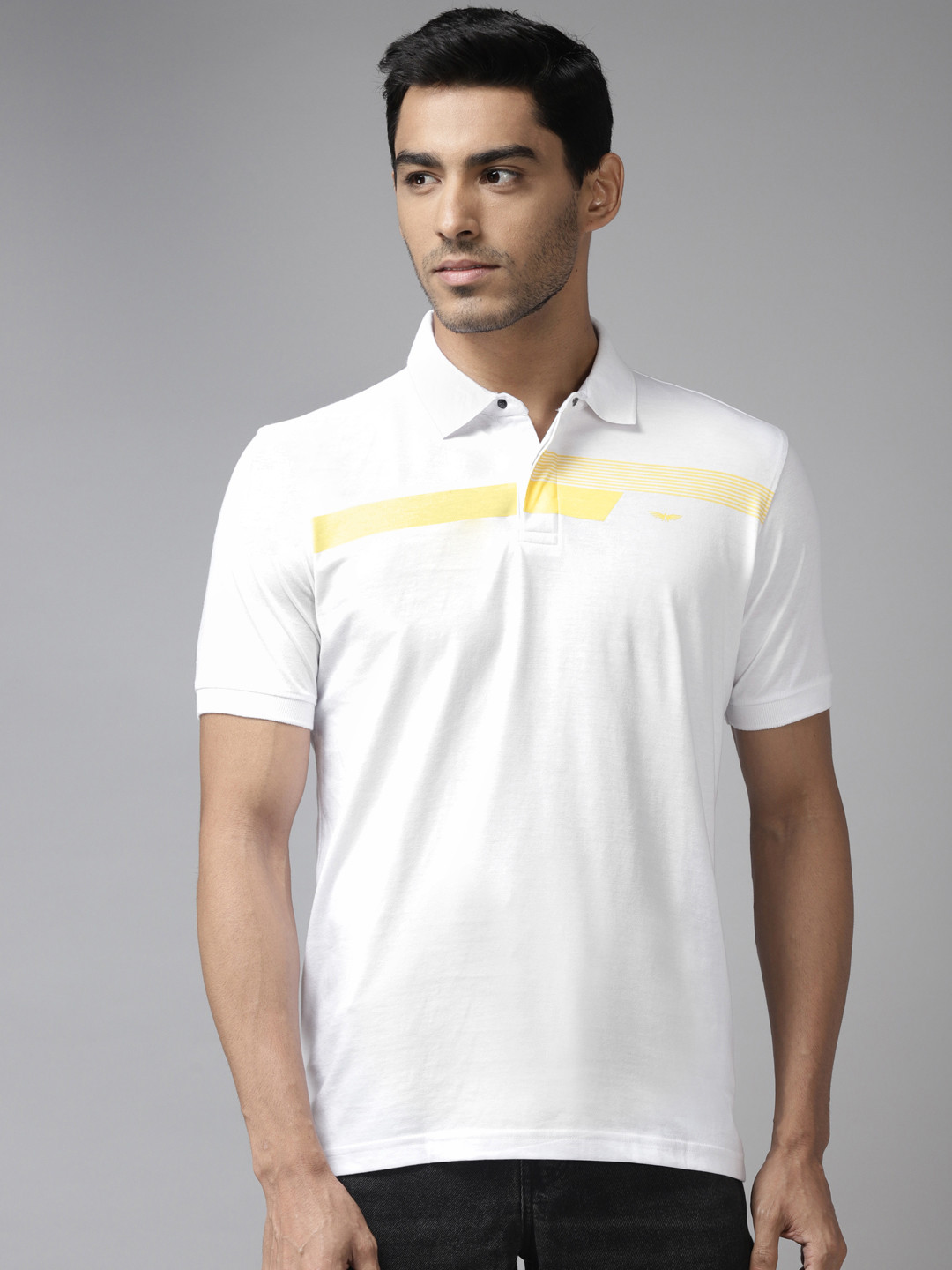 

Park Avenue Men White & Yellow Striped Polo Collar Slim Fit T-shirt