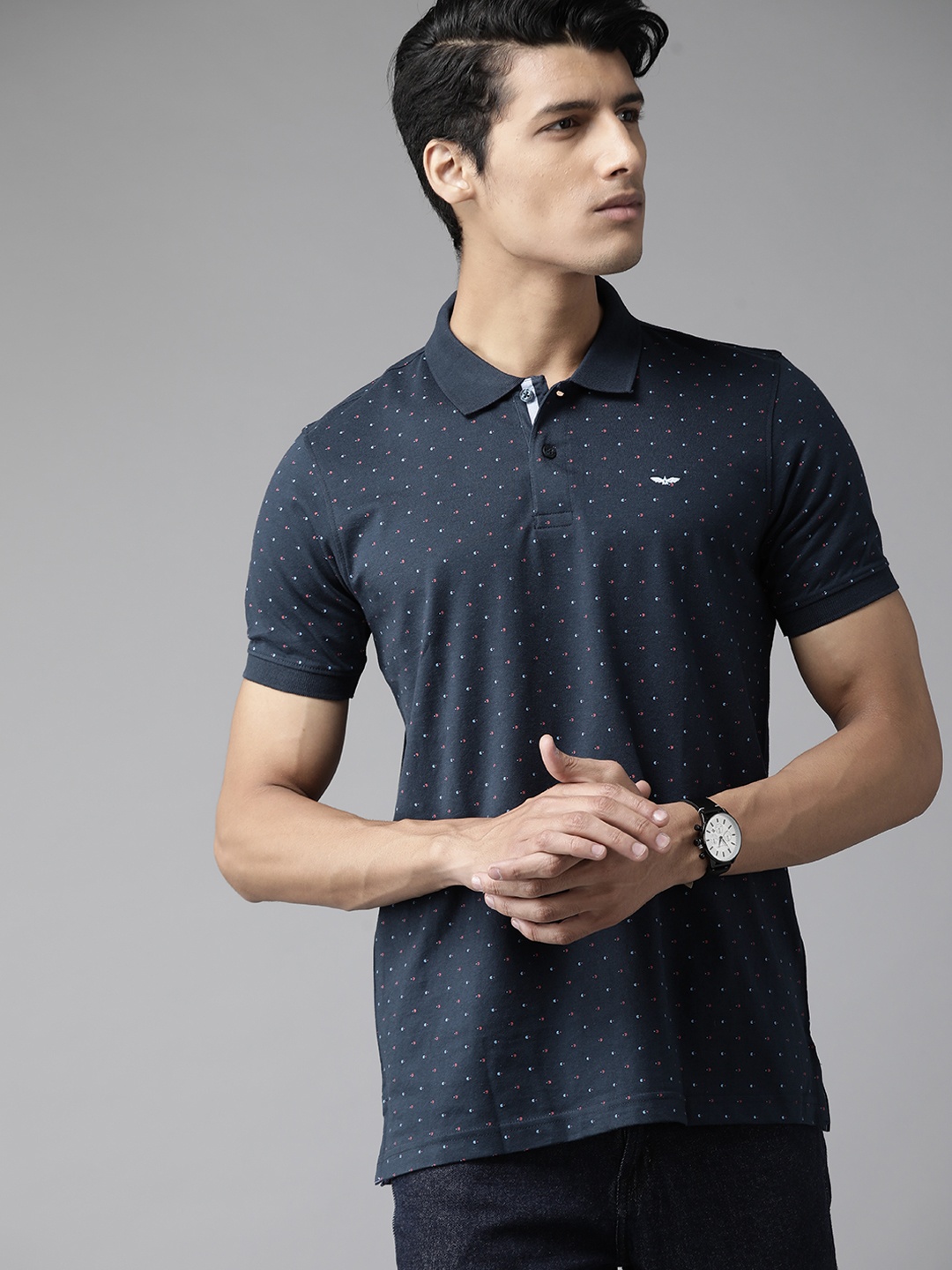 

Park Avenue Men Navy Blue & Red Printed Polo Collar Slim Fit T-shirt