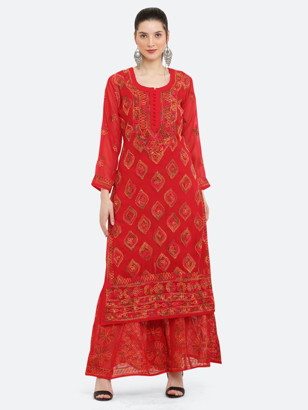 

FAWOMENT Women Red Floral Embroidered Thread Work Kurta with Sharara