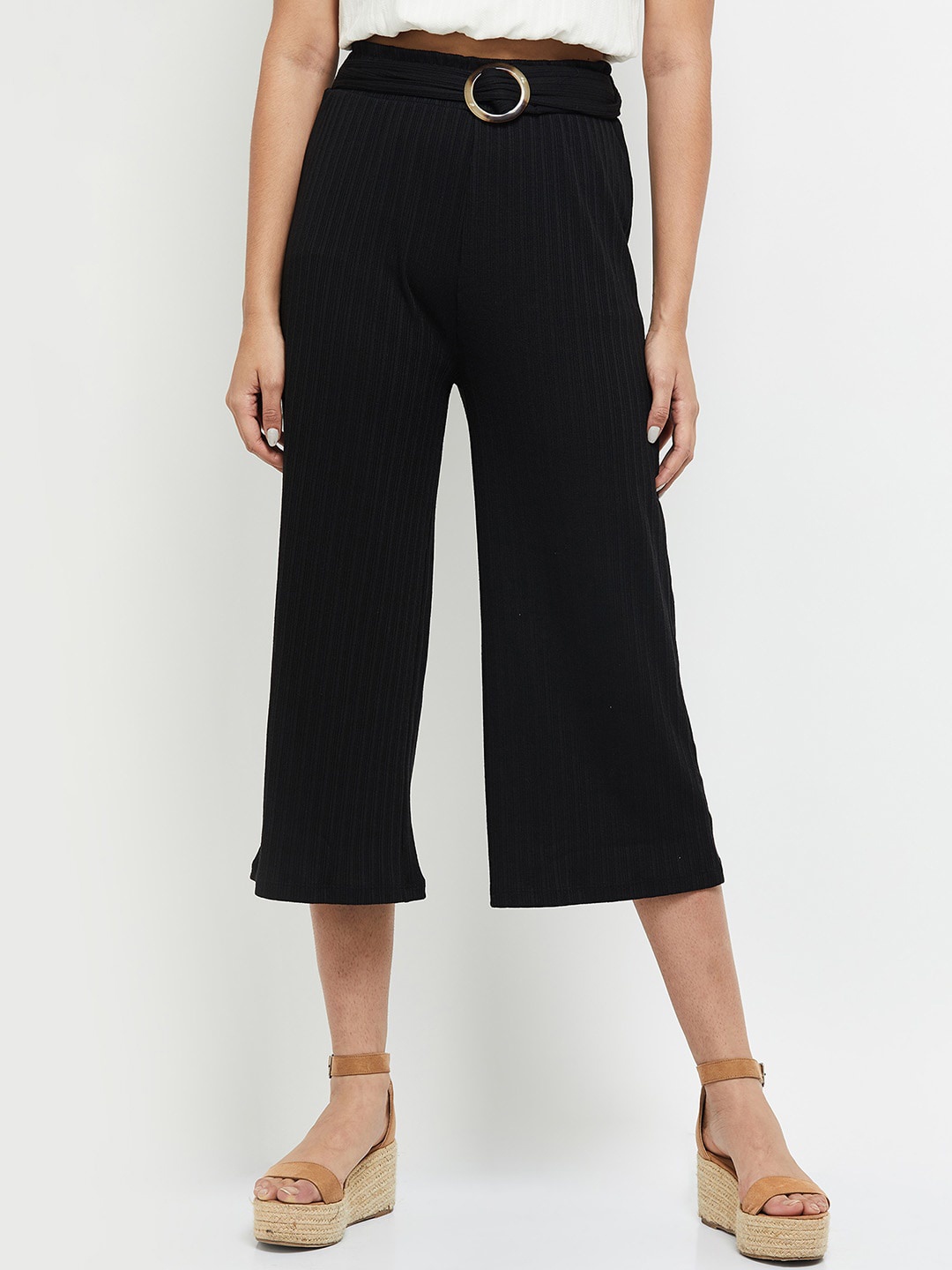 

max Women Black Striped Culottes Trousers