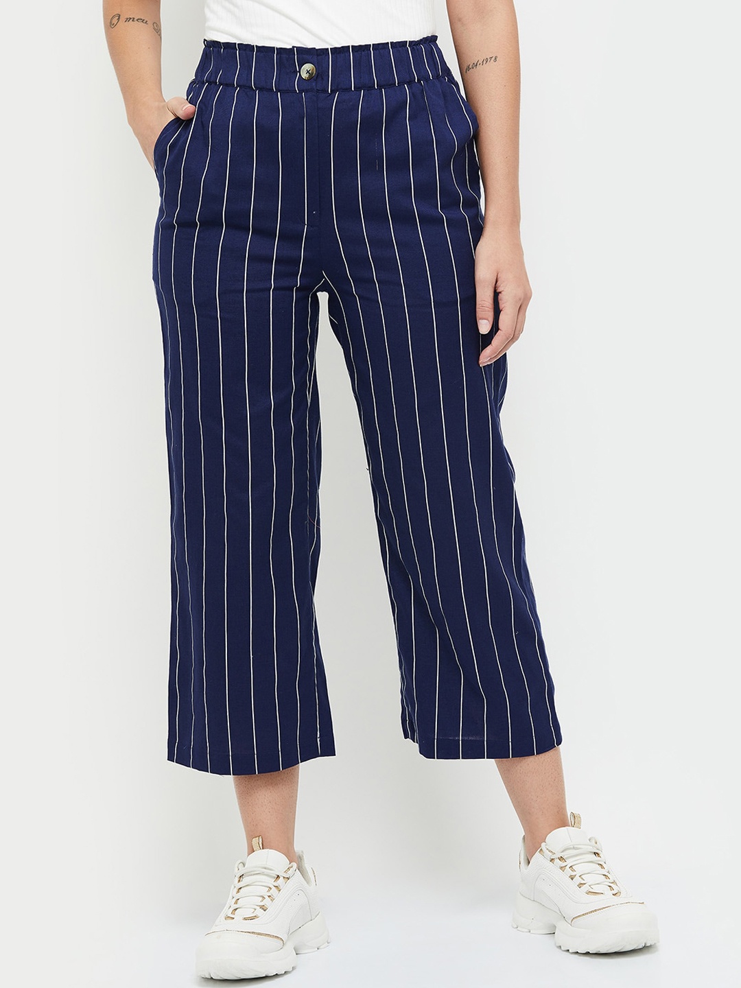 

max Women Navy Blue Striped Culottes Trousers