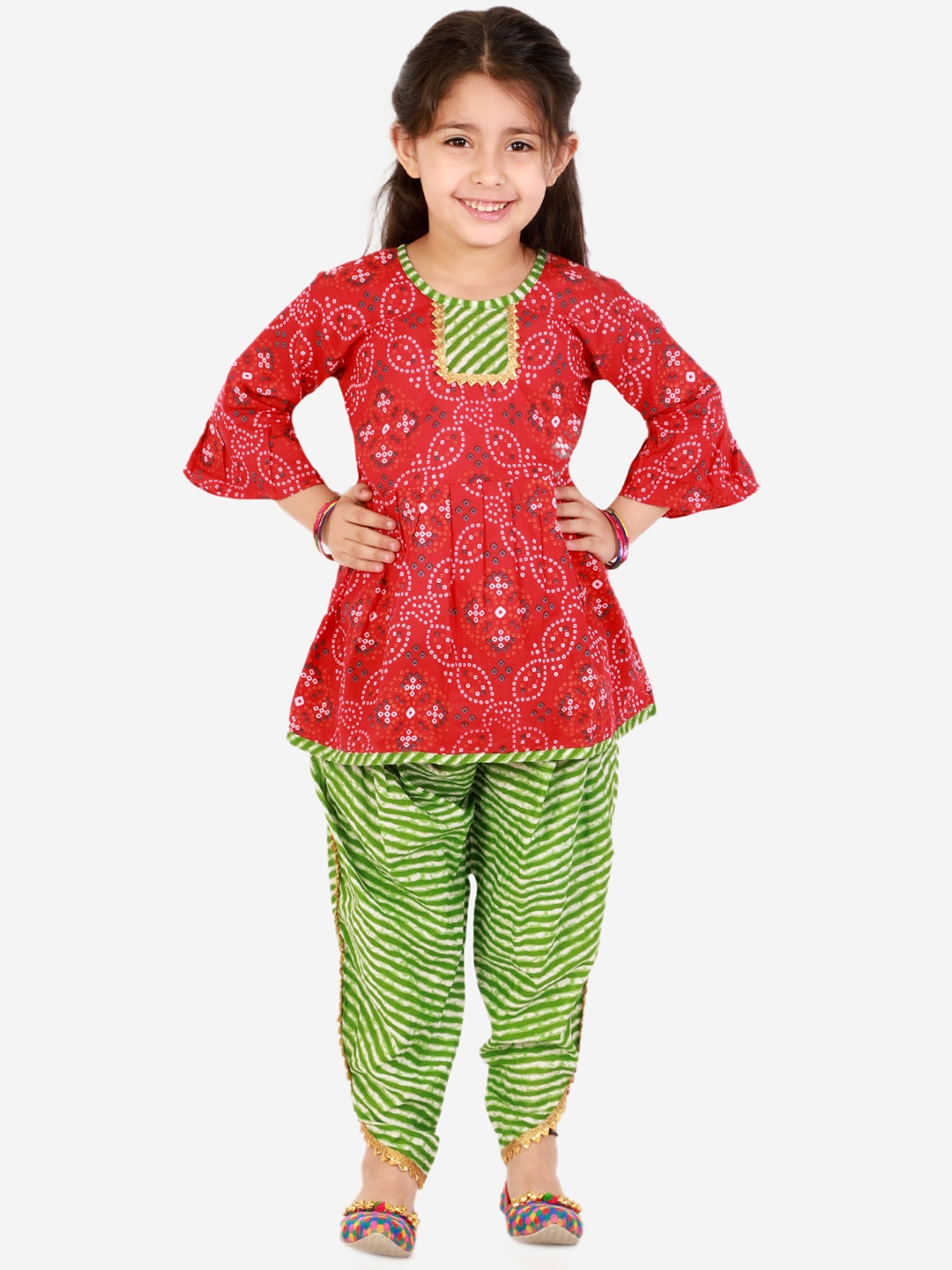 

Superminis Girls Red Bandhani Printed Empire Pure Cotton Kurti with Patiala