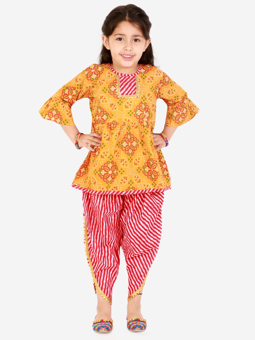 

Superminis Girls Orange Printed Empire Pure Cotton Kurti with Salwar