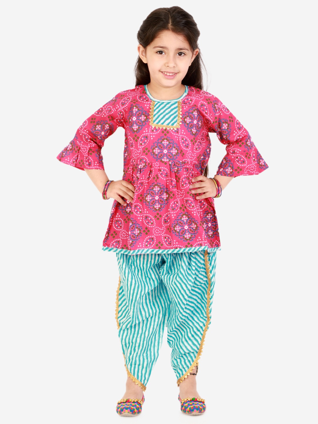 

Superminis Girls Pink Printed Empire Pure Cotton Kurti with Salwar