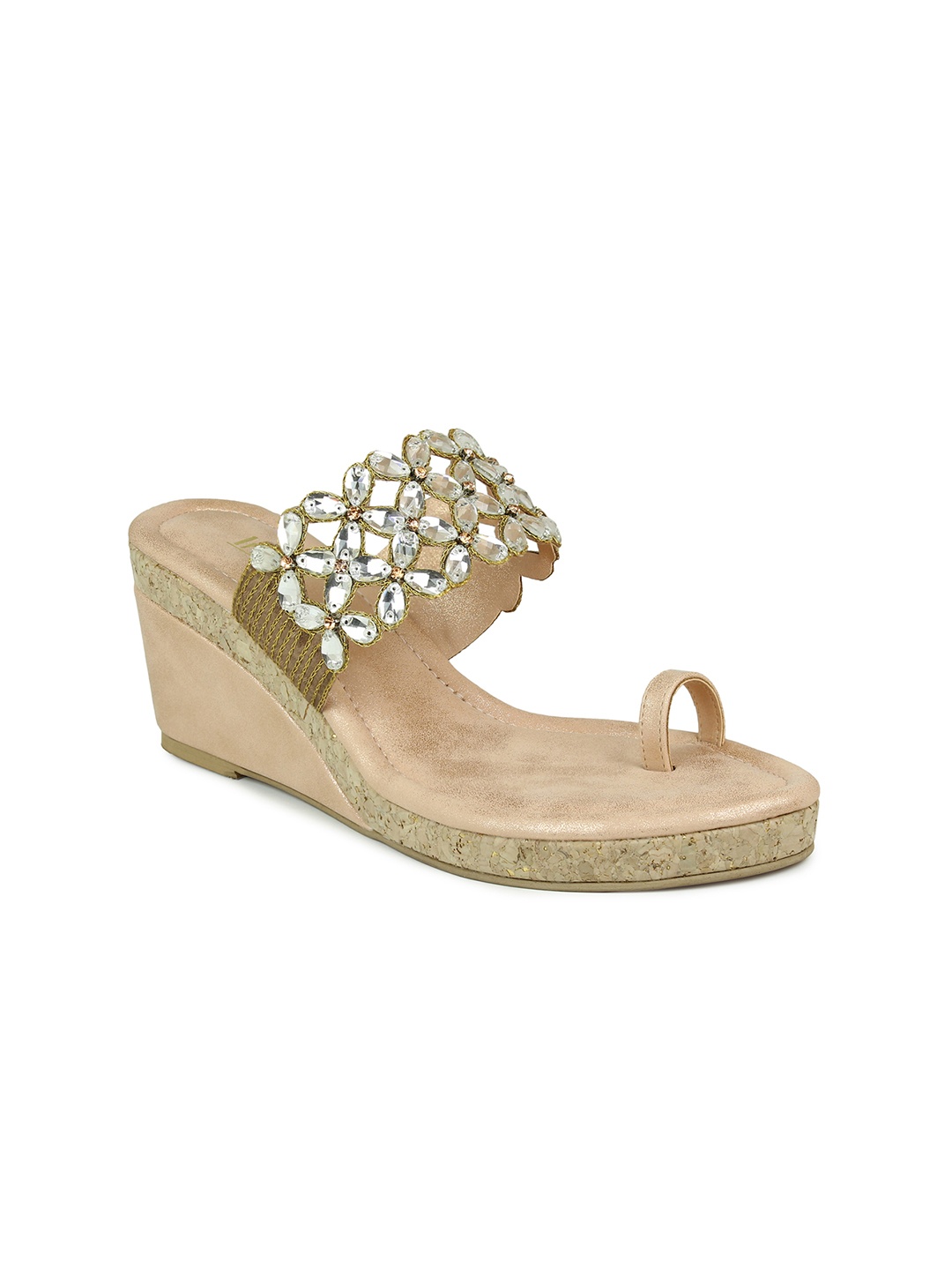 

Inc 5 Peach-Coloured & Gold-Toned Embellished Ethnic Wedge Sandals