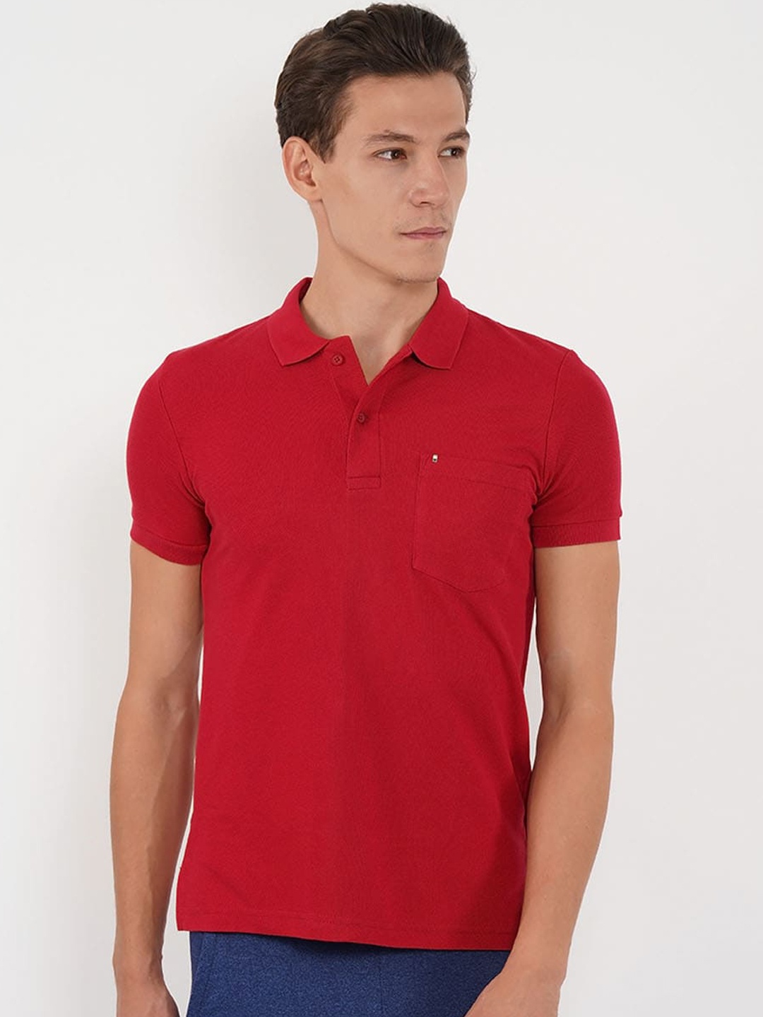 

Sweet Dreams Men Red Polo Collar Pure Cotton Slim Fit T-shirt