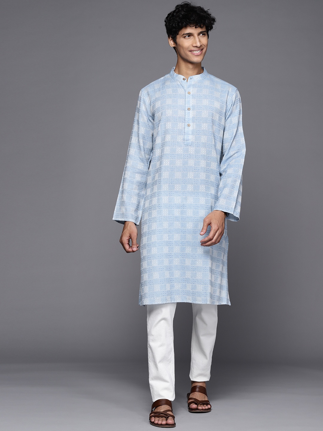 

Fabindia Men Blue & White Checked Kurta