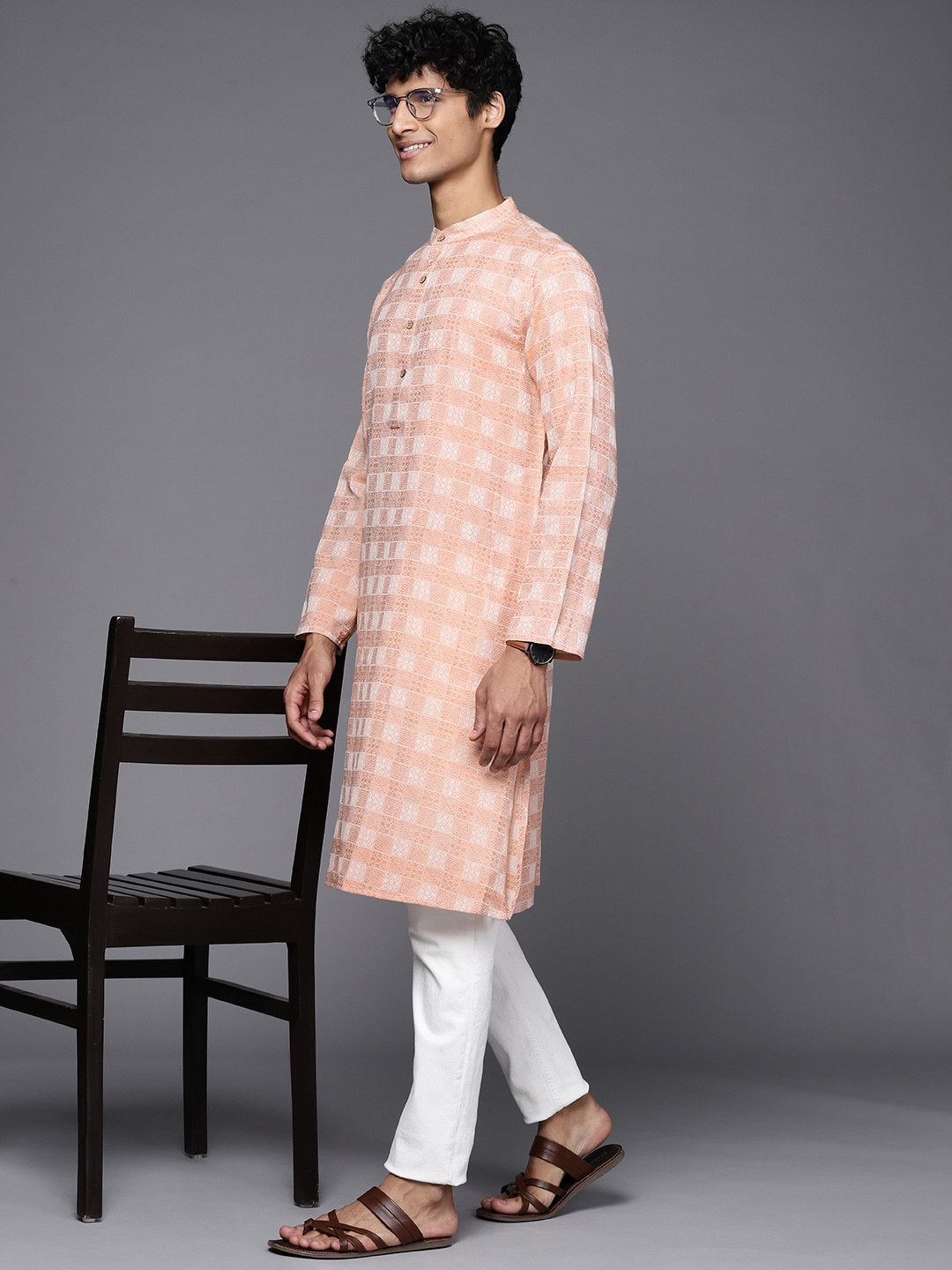 

Fabindia Men Peach-Coloured Checked Kurta