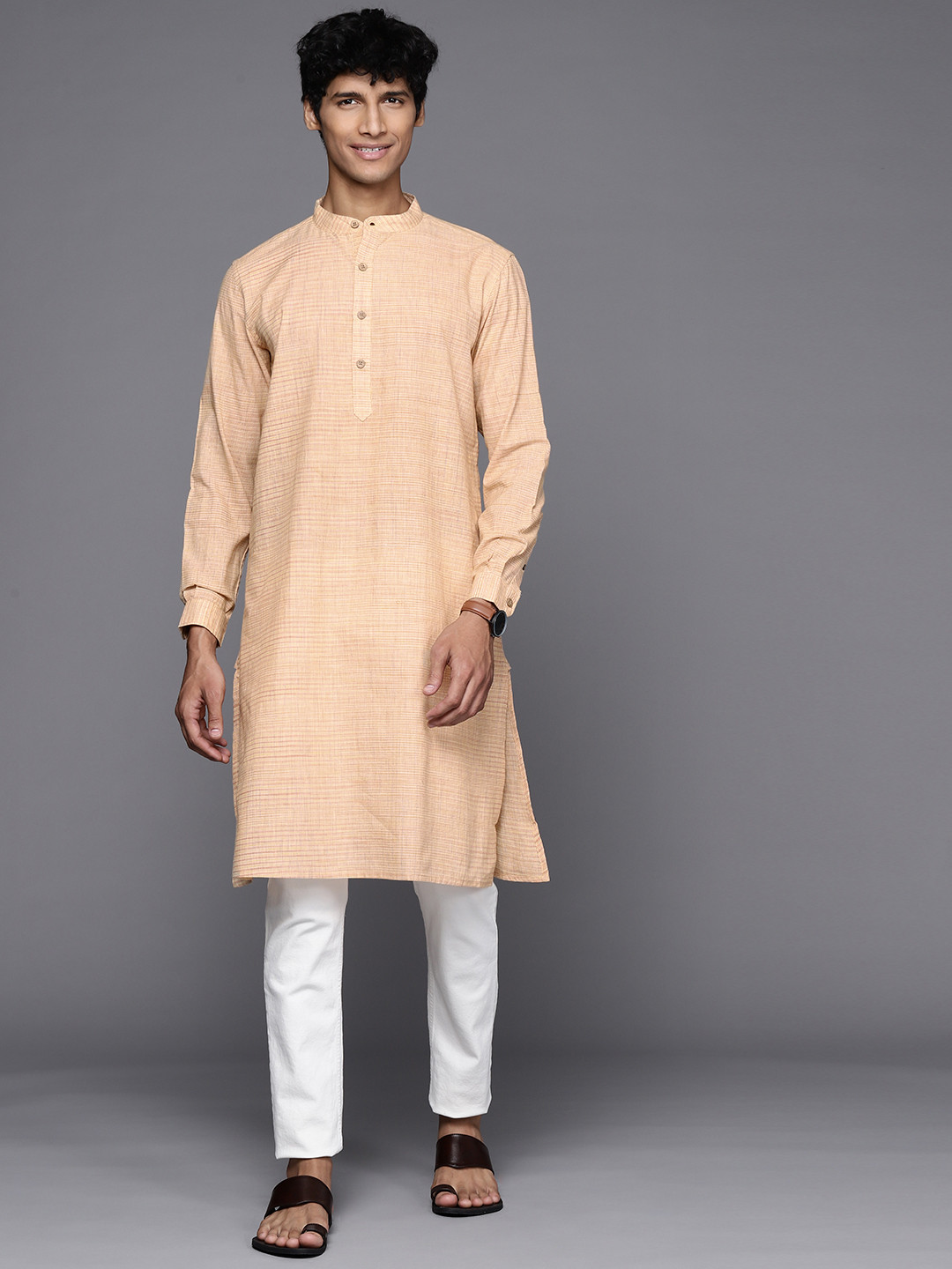 

Fabindia Men Orange & Yellow Micro Checked Kurta