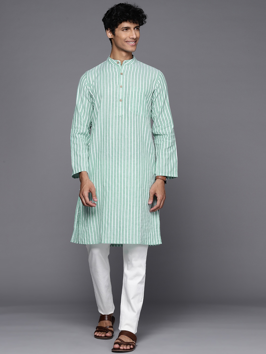 

Fabindia Men Green & White Striped Kurta