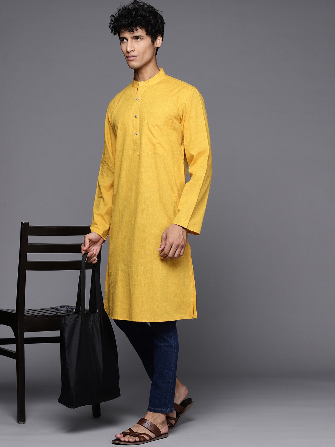 

Fabindia Men Mustard Yellow Solid Kurta